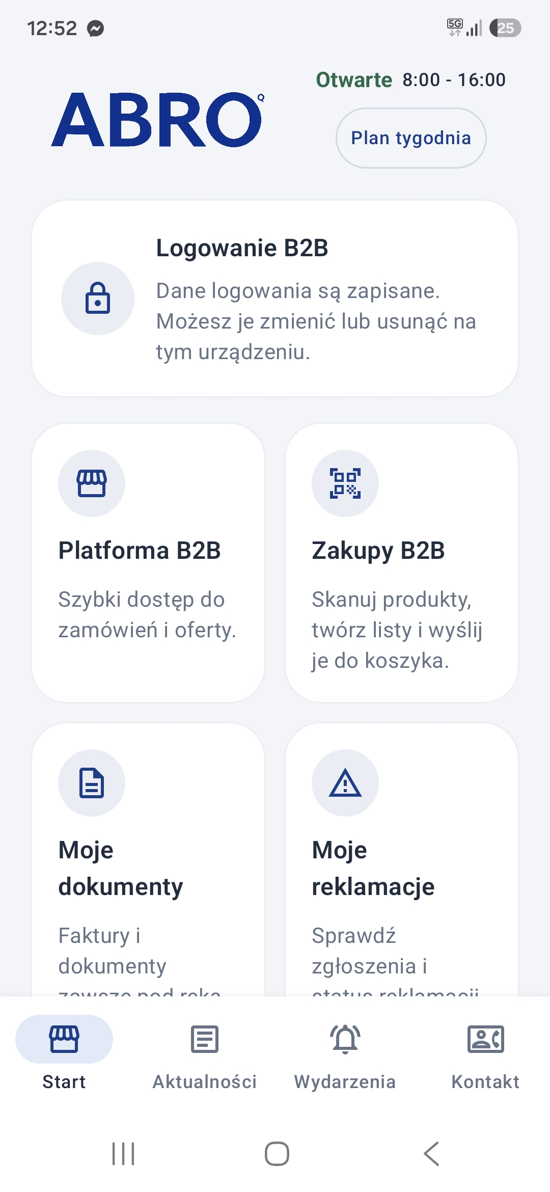 Ekran główny aplikacji myABRO z modułami B2B
