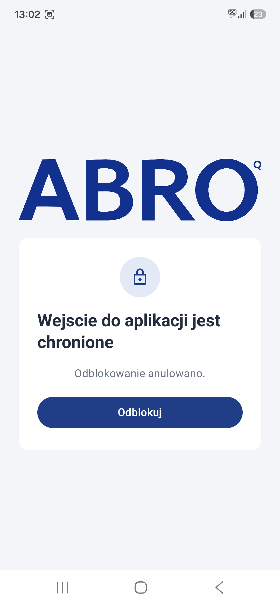 Ekran ochrony wejścia do aplikacji myABRO
